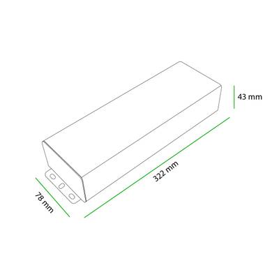 Dessin d'un caisson lumineux LED rectangulaire de 322 mm (longueur) x 78 mm (largeur) x 43 mm (hauteur), idéal pour les solutions d'éclairage compactes.