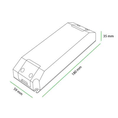 Dessin au trait d'un composant LED rectangulaire, dimensions : 180x59x35mm, illustré par des lignes noires et vertes. Idéal pour le référencement de l'éclairage LED.