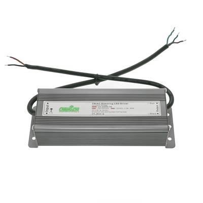 Contrôleur de LED à variateur TRIAC de couleur argentée avec fils attachés, affichant des étiquettes techniques et des spécifications pour un contrôle efficace de l'éclairage.