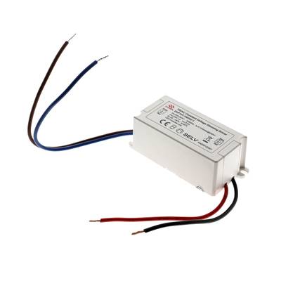 Alimentation pour éclairage LED avec fils d'entrée (marron, bleu) et de sortie (rouge, noir) sur fond blanc.
