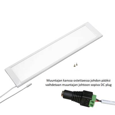 Luminaire rectangulaire à LED blanches, monté en surface, avec cordon d'alimentation et vis de fixation sur fond blanc.