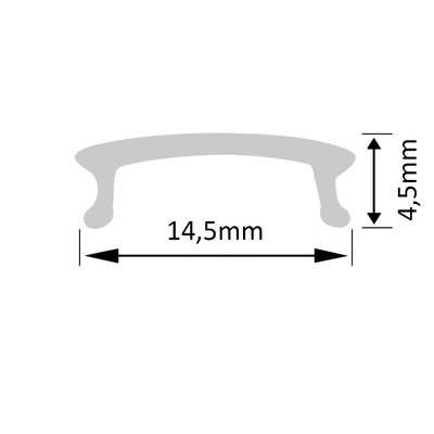 Support de lampe gris, courbé, 14,5 mm de large x 4,5 mm de haut, marqué de flèches sur la photo.