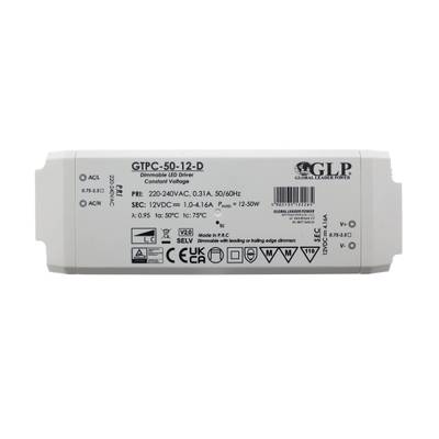 Driver LED GLP GTPC-50-12-D blanc rectangulaire, dimmable, spécifications, unité d'alimentation de la lampe.