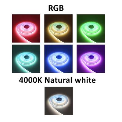 Bande LED RVB : rouge, vert, bleu, jaune, cyan, violet, 4000K blanc cassé.