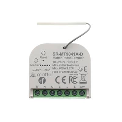 Variateur de phase pour lampes LED, bornes étiquetées, bouton de réinitialisation, affichage spécifique pour le contrôle de l'éclairage.