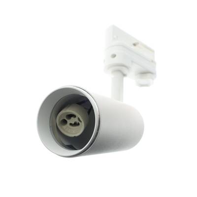 Spot sur rail TA-DA blanc sans ampoule, douille GU10 visible à l'intérieur du luminaire.