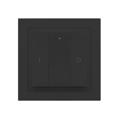 Interrupteur mural moderne à LED noir, design minimaliste à trois boutons pour le contrôle de l'éclairage sur fond blanc.