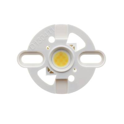 Module lumineux LED blanc rond, diode jaune au centre, trous de fixation, vue détaillée sur fond blanc.