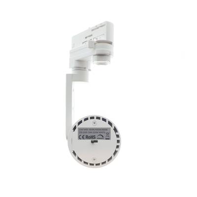 Éclairage de piste LED blanc avec tête cylindrique, vue arrière montrant les informations électriques et les étiquettes de certification.