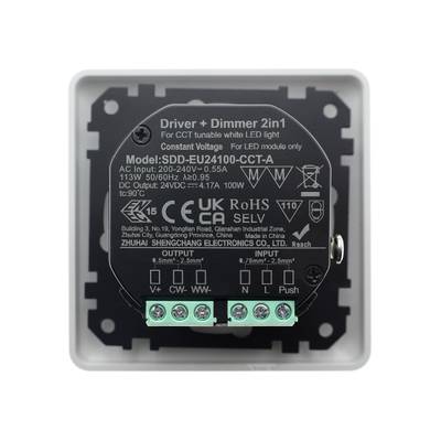 Contrôleur LED rectangulaire et gradateur 2 en 1 avec données d'entrée/sortie, connexions d'éclairage en bas.
