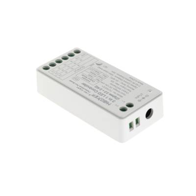 Contrôleur LED blanc pour systèmes d'éclairage avec connecteurs et ports étiquetés, sur fond blanc.