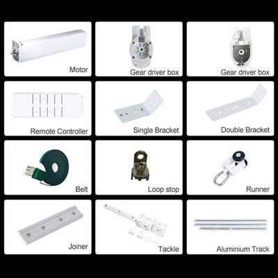 une grille de 12 images avec les composants de l'éclairage LED sur rail : moteur, supports, télécommande, rails, connecteurs.