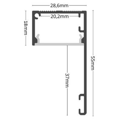 Dessin technique du profilé aluminium LED noir, en forme de L 28,6x55mm, largeur intérieure 20,2mm, hauteur intérieure 37mm.
