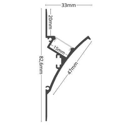 Section transversale d'un profilé d'éclairage LED, montrant les dimensions 33mm, 20mm, 15mm, 47mm et 82,6mm pour l'installation.