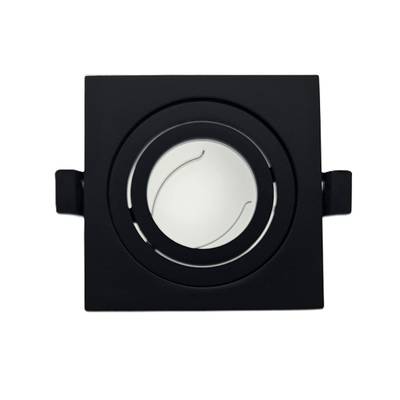 Plafonnier LED encastré noir de forme carrée, ouverture ronde, sur fond blanc.