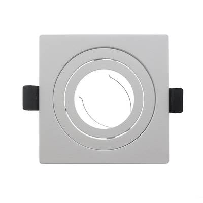 Plafonnier LED encastrable de forme carrée, cadre gris, partie centrale ronde, deux clips de fixation noirs de chaque côté.