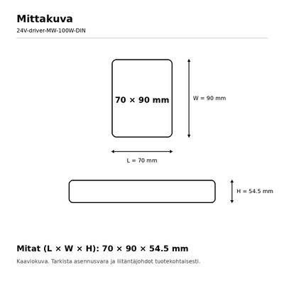 Dessin technique du boîtier d’un luminaire LED, dimensions 70 x 90 x 54,5 mm, dimensions indiquées en finnois