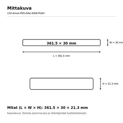 Schéma des dimensions du profilé LED : longueur 361,5 mm, largeur 30 mm, hauteur 21,3 mm.
