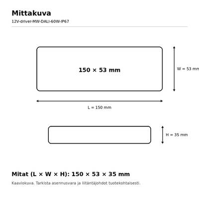 Schéma des dimensions des luminaires LED : 150 x 53 mm et 150 x 53 x 35 mm, avec les dimensions des LED.