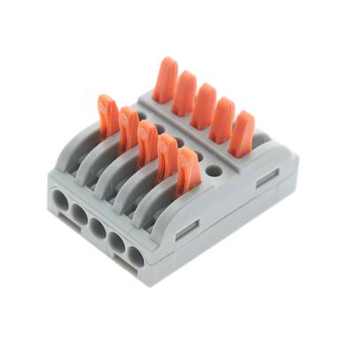 Bloc de câblage d'éclairage gris avec cinq leviers orange pour l'installation de LED et le câblage d'éclairage électrique.