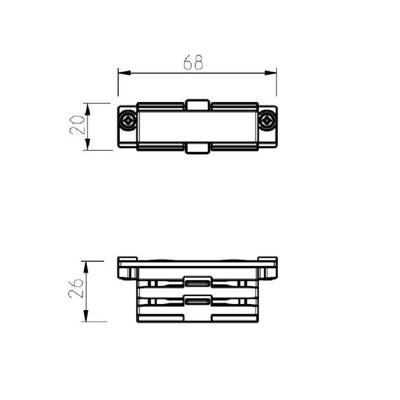 Schéma technique : dimensions du connecteur rectangulaire - vue de dessus : 68mm x 20mm, vue de côté : hauteur 26mm, pour composants d'éclairage LED.
