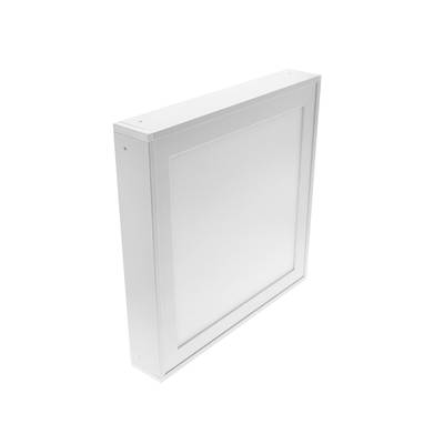 Ecran lumineux à LED : panneau blanc carré avec cadre épais, placé dans un coin sur un fond blanc uni. Idéal pour les intérieurs modernes.