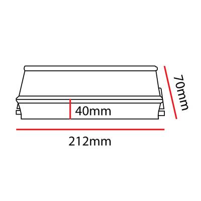 Schéma d'un luminaire LED rectangulaire : longueur 212 mm, hauteur 70 mm, largeur 40 mm ; dimensions en rouge pour plus de clarté.