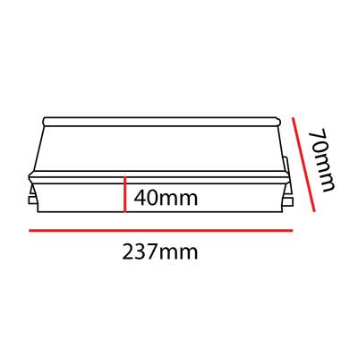Dessin d'un luminaire LED trapézoïdal, dimensions marquées en rouge : hauteur 40 mm, largeur 237 mm et profondeur 70 mm.
