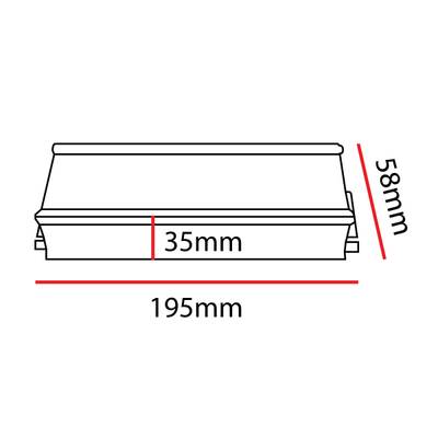 Diagramme montrant les dimensions d'une lampe LED rectangulaire : 35 mm de largeur, 195 mm de longueur et 58 mm de hauteur, idéale pour les solutions d'éclairage compactes.