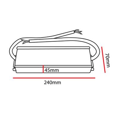 Dessin d'un contrôleur LED rectangulaire : 240 mm de large, 70 mm de haut, 45 mm de profondeur, avec des fils en saillie sur le dessus. Parfait pour les éclairages LED compacts.