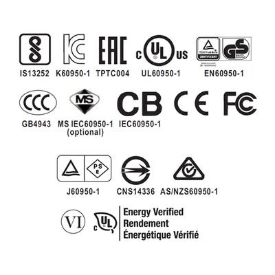 Les logos CE, FCC, UL sur fond noir et blanc représentent les normes de conformité et de qualité.
