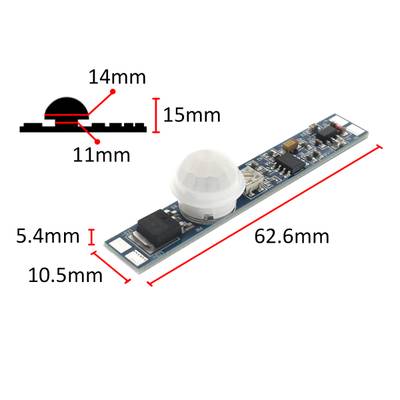 Capteur PIR fin pour éclairage LED, circuit imprimé et dôme compacts, 62,6 x 10,5 x 5,4 mm, dôme 14 x 15 mm