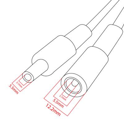 Image d'une fiche et d'une prise ; dimensions de la fiche 5,5 mm x 2,2 mm, dimensions de la prise 12,2 mm x 5,6 mm, idéal pour les connexions d'éclairage LED.