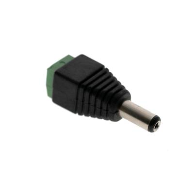 Gros plan d'un connecteur d'éclairage LED noir et vert avec une tête métallique cylindrique et deux ouvertures carrées.