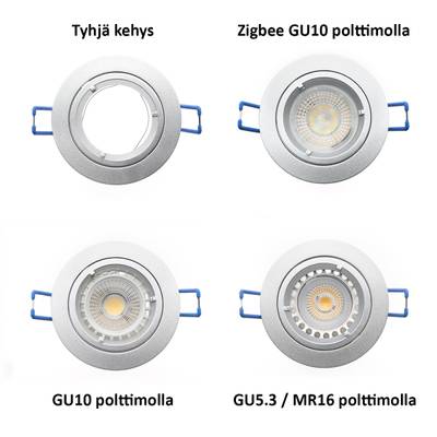 Quatre plafonniers ronds équipés d'ampoules Zigbee GU10, GU10 standard et GU5.3/MR16 ; un luminaire est un cadre vide avec des clips latéraux bleus.