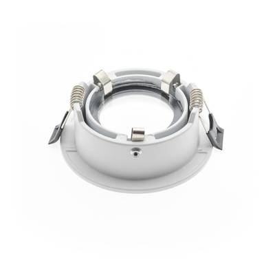 Texte alternatif : "Image du haut d'un downlight LED blanc encastré avec 3 pinces à ressort métalliques et une ouverture circulaire au milieu pour l'éclairage de la maison ou de l'entreprise.
