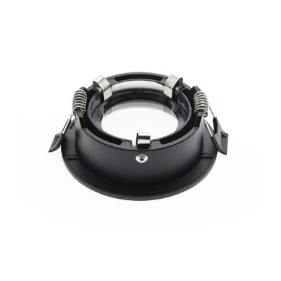 Luminaire encastré noir avec des pinces à ressort métalliques et une ouverture circulaire au milieu avec une base blanche. Idéal pour les solutions d'éclairage LED modernes.