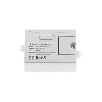 Texte alternatif : "Interrupteur à main/porte IR blanc avec réglages, modèle, informations sur la tension et certificat RoHS pour l'éclairage LED.