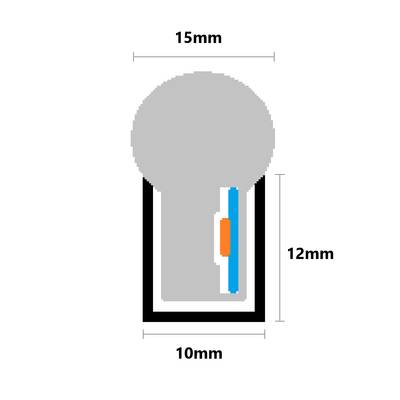 Schéma d'une lampe LED circulaire : largeur 10 mm, hauteur 12 mm, avec une ligne bleue verticale et un rectangle orange sur le côté droit.