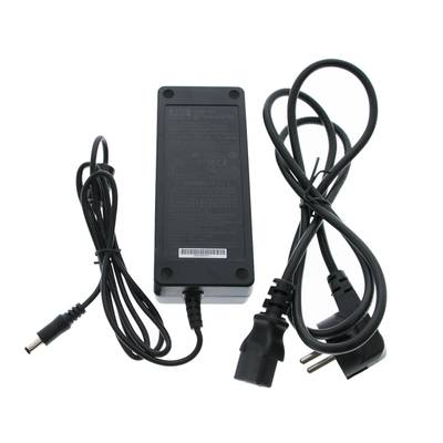Adaptateur d'alimentation LED noir avec deux câbles, une fiche et une pointe sur fond blanc - essentiel pour les systèmes d'éclairage efficaces et économes en énergie.