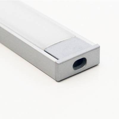 Gros plan d'un élégant luminaire LED rectangulaire blanc et gris sur fond blanc uni, avec un design moderne et un petit trou.