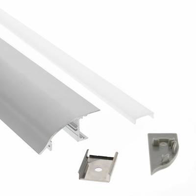 Kit de goulotte LED en aluminium avec couvercle dépoli, couvercle d'extrémité et clips de montage pour une installation d'éclairage élégante sur une base blanche.