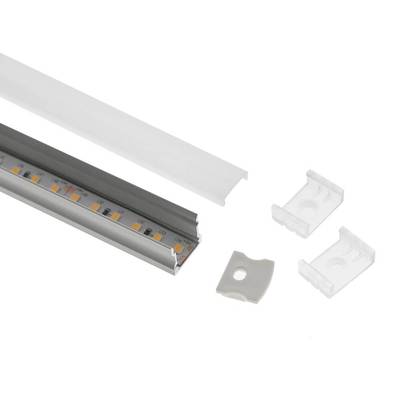 Bande lumineuse à LED avec boîtier en aluminium, cache diffuseur et deux clips de montage sur socle blanc pour des solutions d'éclairage à faible consommation d'énergie.