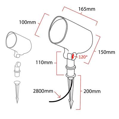 Diagramme de spot LED d'extérieur avec rayon réglable de 120 degrés, dimensions indiquées en millimètres