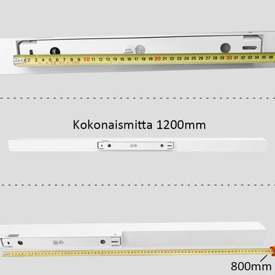 Rail métallique avec ruban à mesurer de 1200 mm de long, centre blanc marqué 800 mm, marqué "Longueur totale 1200 mm" sur fond gris clair.