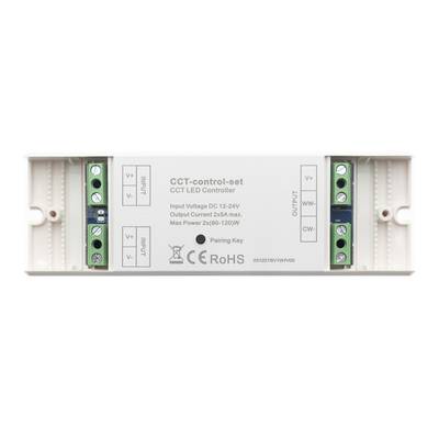 Contrôleur CCT-LED rectangulaire, ports d'entrée/sortie marqués, données d'éclairage, étiquettes CE et RoHS visibles.