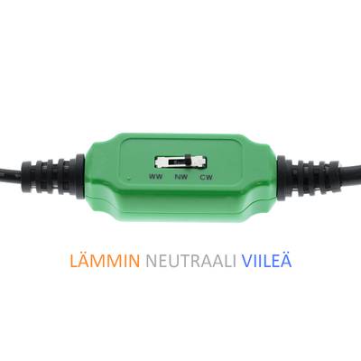 Interrupteur vert dans un câble noir avec étiquettes "WW", "NW", "CW" pour les réglages de lumière chaude, neutre et froide. Options LED : chaud, neutre, froid.