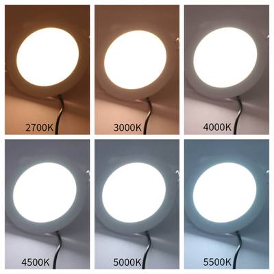Comparaison côte à côte de lampes à Led aux températures de couleur de 2700K, 3000K, 4000K, 4500K, 5000K et 5500K pour démontrer les options d'éclairage.