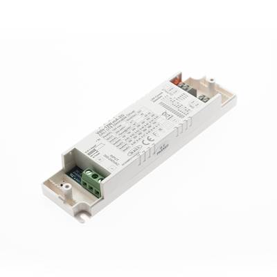 Texte alternatif : contrôleur LED rectangulaire avec boîtier blanc, étiquette Mean Well avec connecteurs verts et orange, idéal pour les solutions d'éclairage LED.