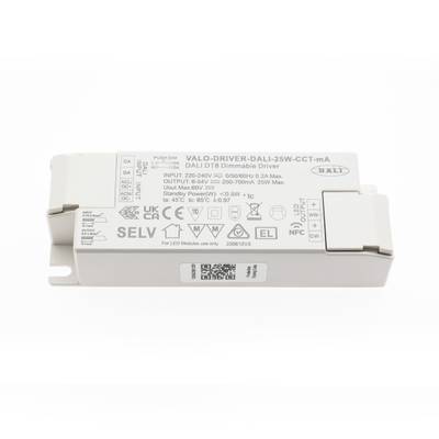Contrôleur LED DALI TD blanc à gradation qui affiche les spécifications et les icônes de certification pour améliorer l'efficacité et la conformité de l'éclairage.